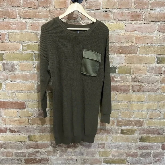 Steve Madden Olive Green Sweater Dress with Satin Pocket - Picture 2 of 6